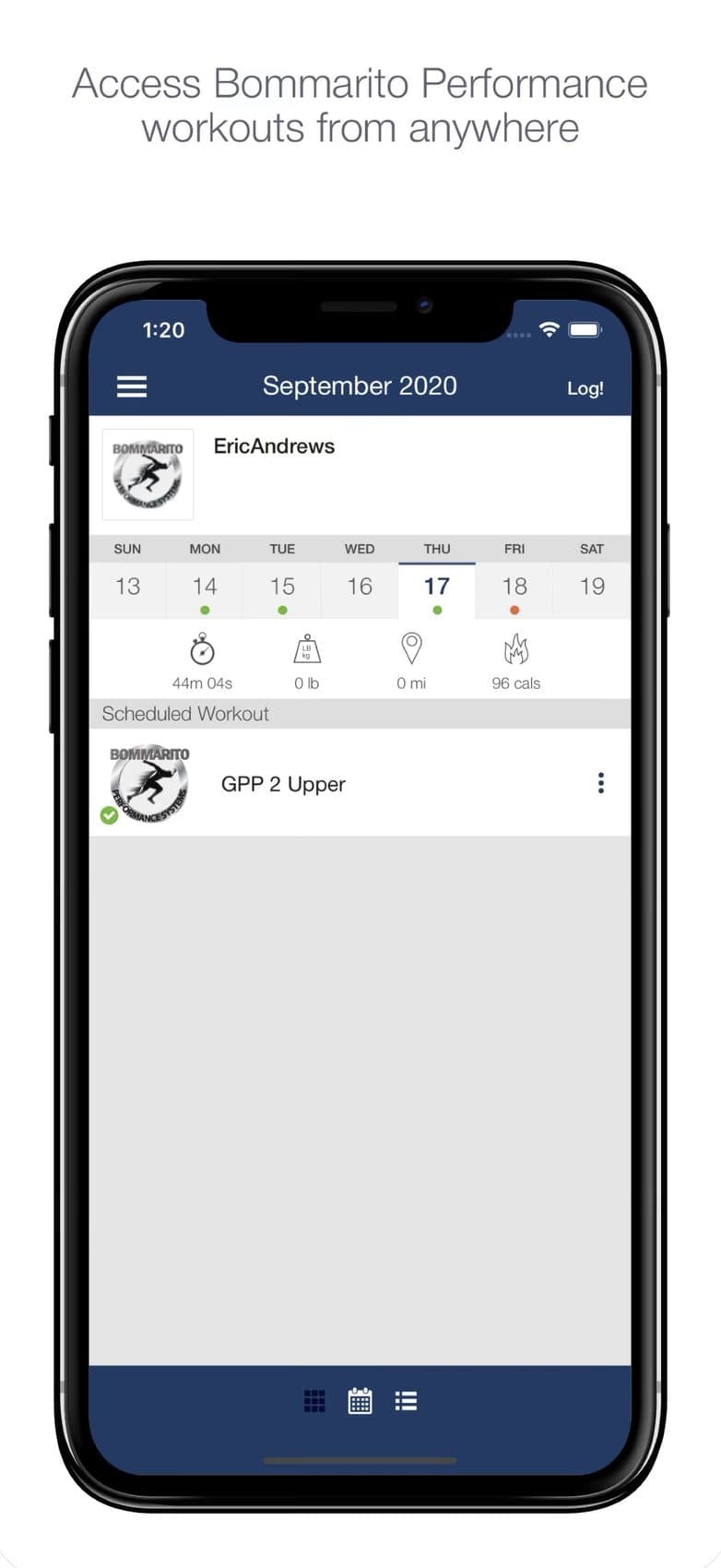 BPS app schedule screen: access your Bommarito Performance workouts from anywhere