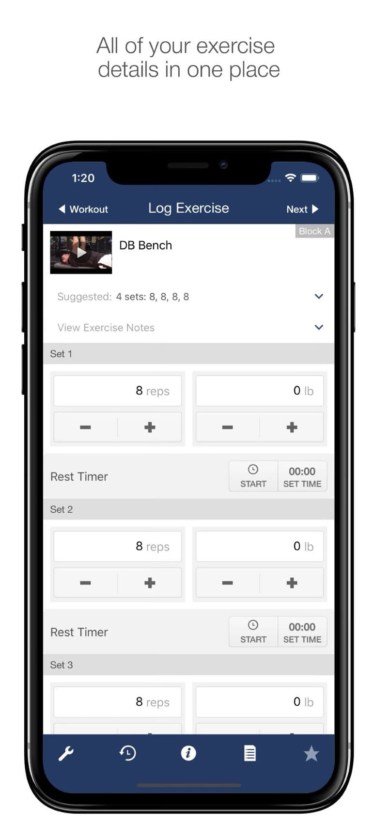 BPS app logging screen: all of your exercise details in one place