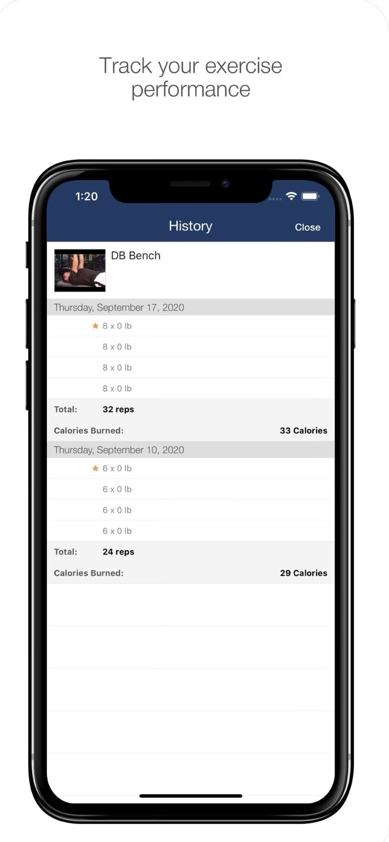 BPS app history screen: track your exercise performance over time